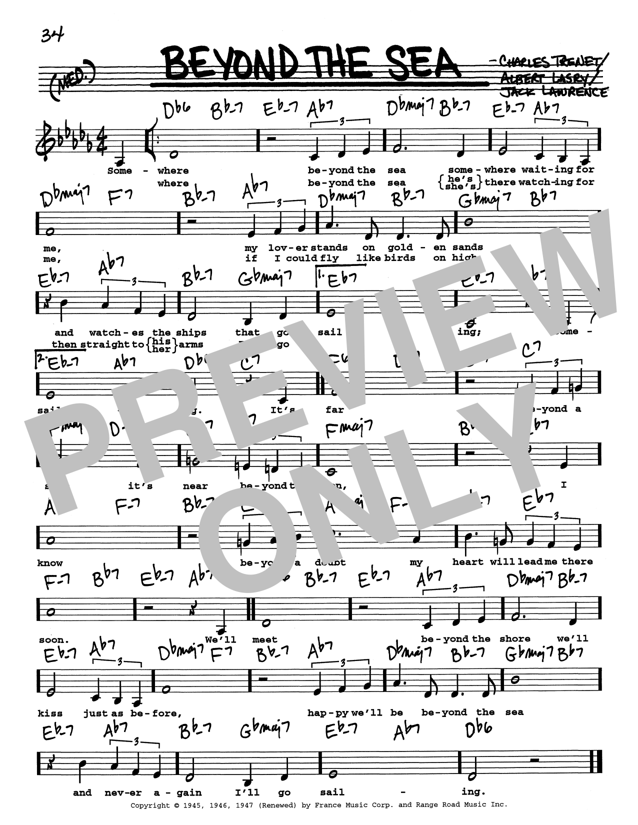 Bobby Darin Beyond The Sea (Low Voice) sheet music notes printable PDF score