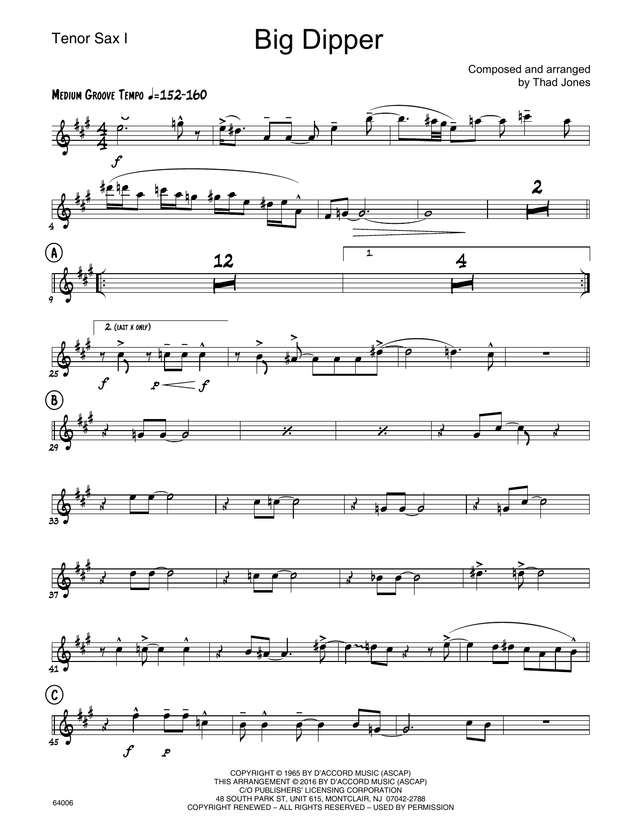 Download Thad Jones Big Dipper - 1st Tenor Saxophone Sheet Music
