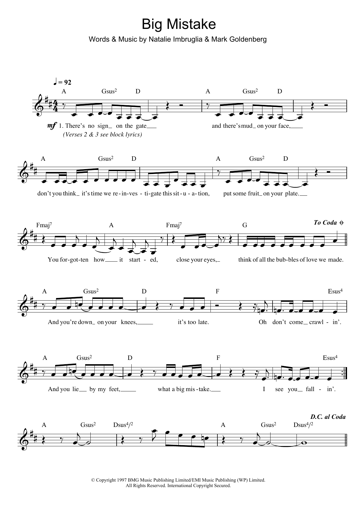 Natalie Imbruglia Big Mistake sheet music notes printable PDF score