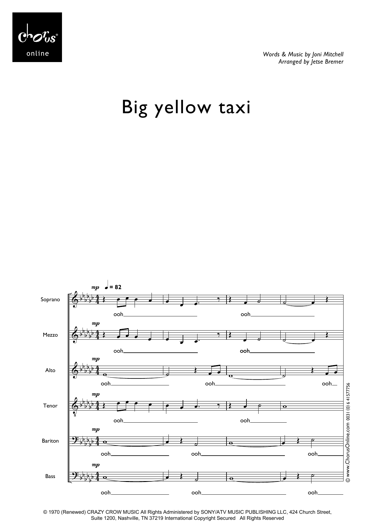 Counting Crows Big Yellow Taxi (arr. Jetse Bremer) sheet music notes printable PDF score