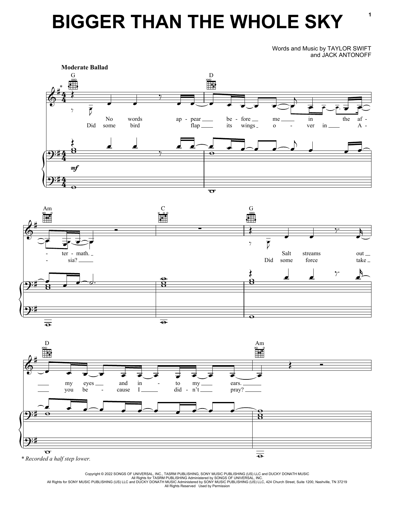Taylor Swift Bigger Than The Whole Sky sheet music notes printable PDF score