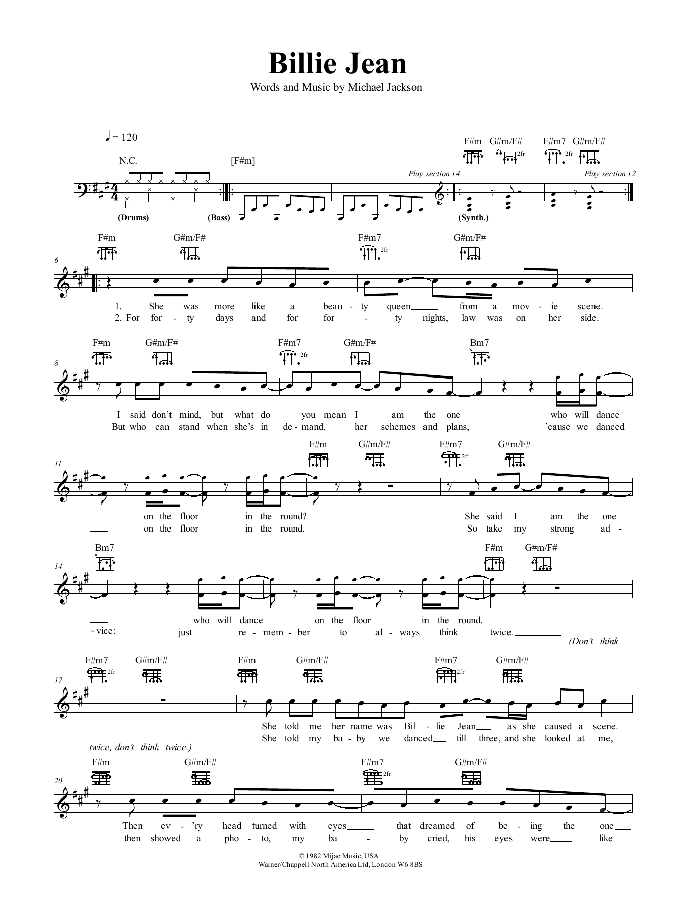 Michael Jackson Billie Jean sheet music notes printable PDF score