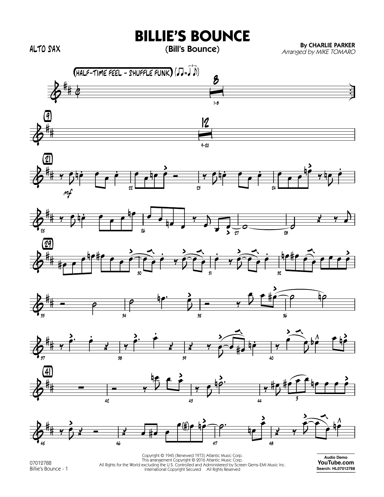 Download Mike Tomaro Billie's Bounce - Alto Sax Sheet Music