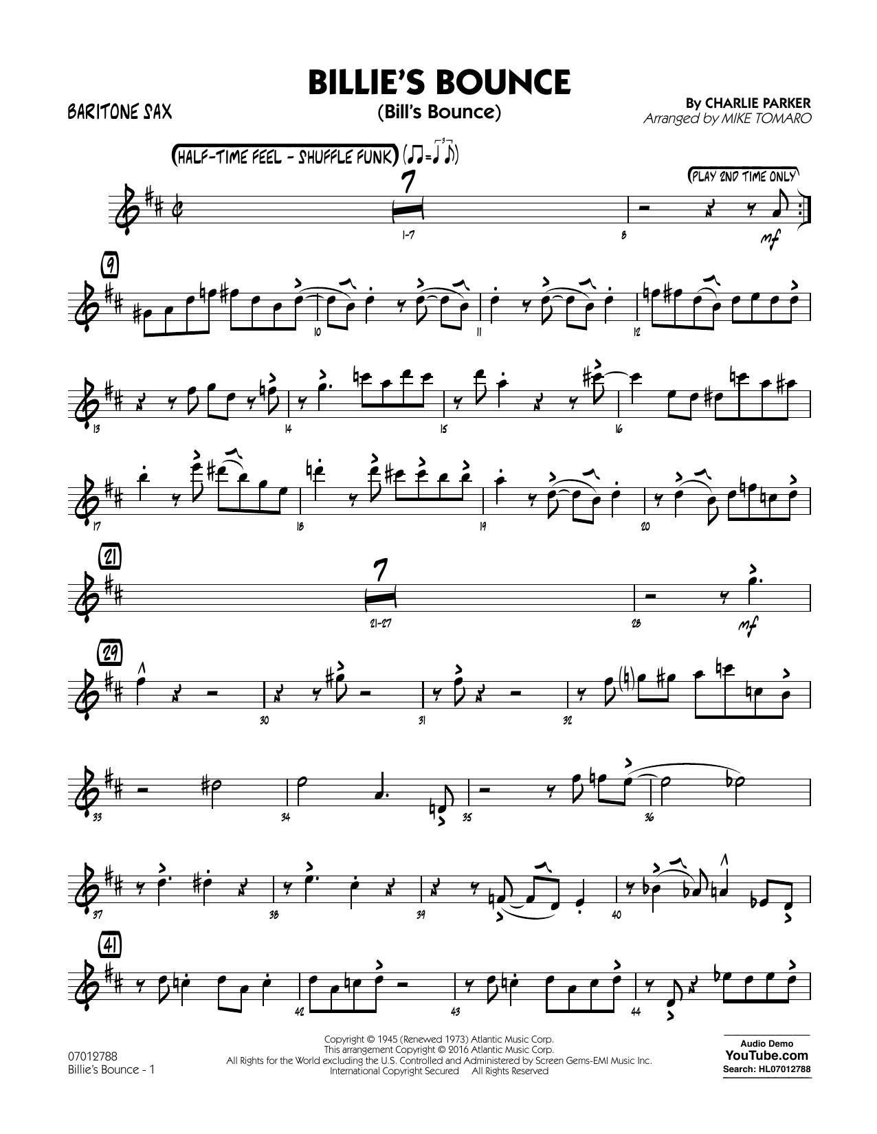 Download Mike Tomaro Billie's Bounce - Baritone Sax Sheet Music