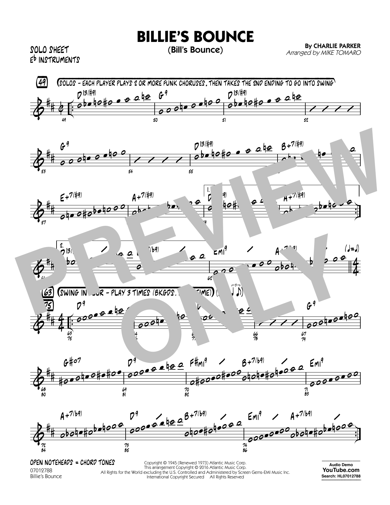 Download Mike Tomaro Billie's Bounce - Eb Solo Sheet Sheet Music