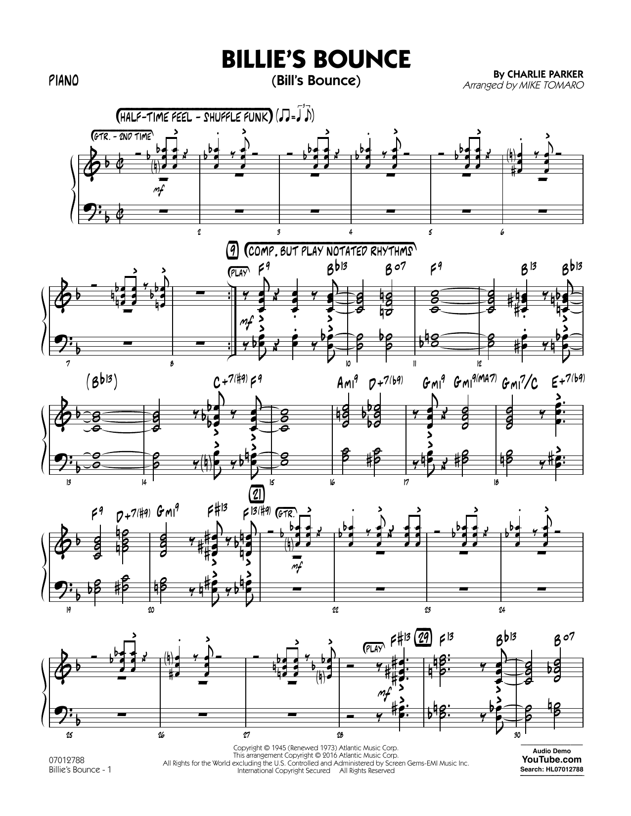 Download Mike Tomaro Billie's Bounce - Piano Sheet Music