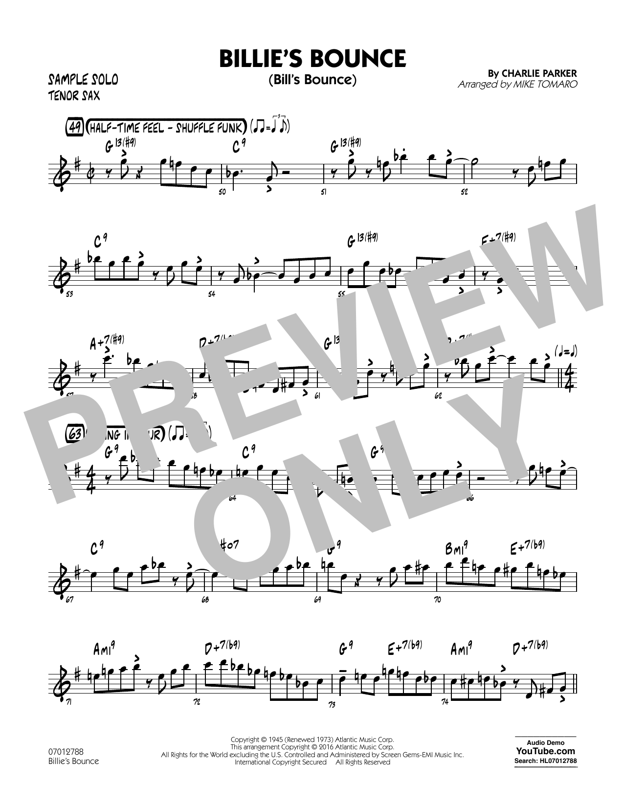 Download Mike Tomaro Billie's Bounce - Tenor Sax Sample Solo Sheet Music