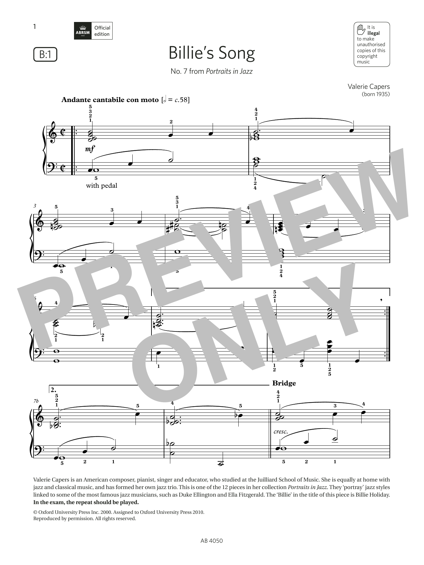 Download Valerie Capers Billie's Song (Grade 4, list B1, from t Sheet Music