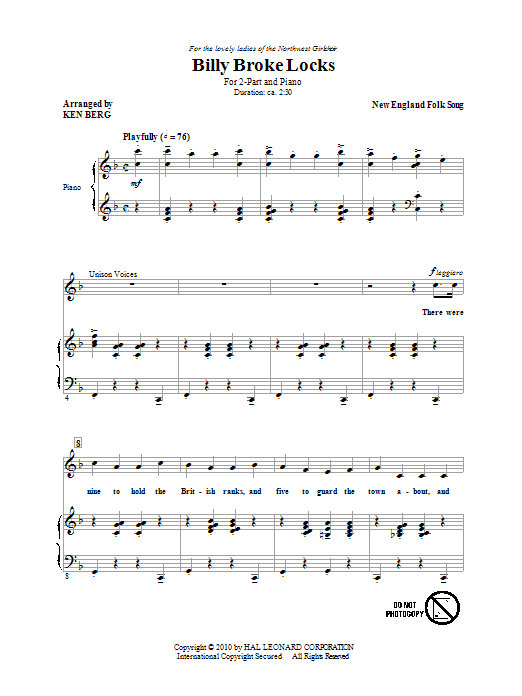 Download Traditional Folksong Billy Broke Locks (arr. Ken Berg) Sheet Music