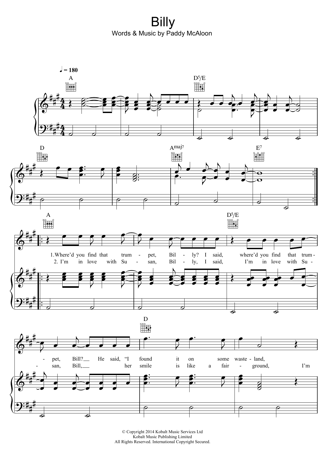 Download Prefab Sprout Billy Sheet Music