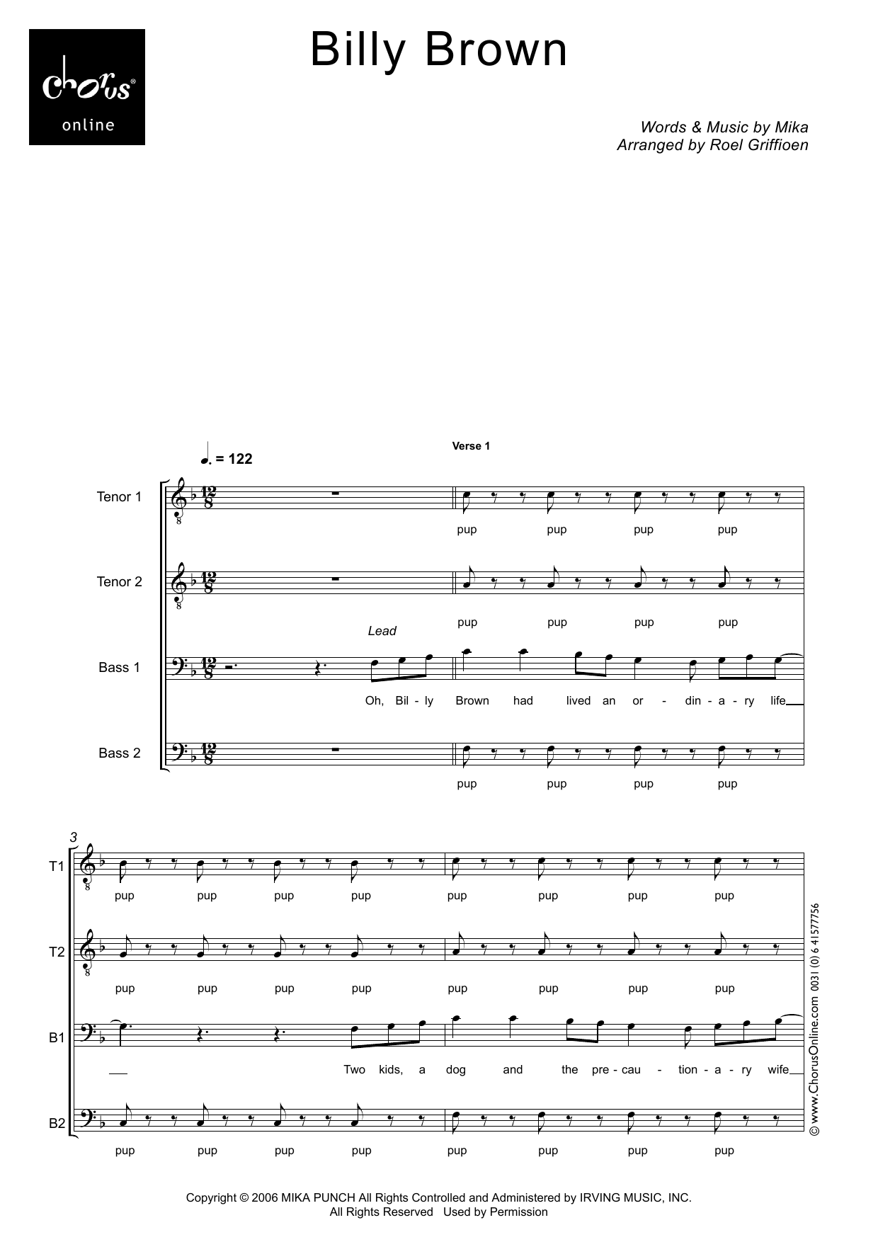 Mika Billy Brown (arr. Roel Griffioen) sheet music notes printable PDF score