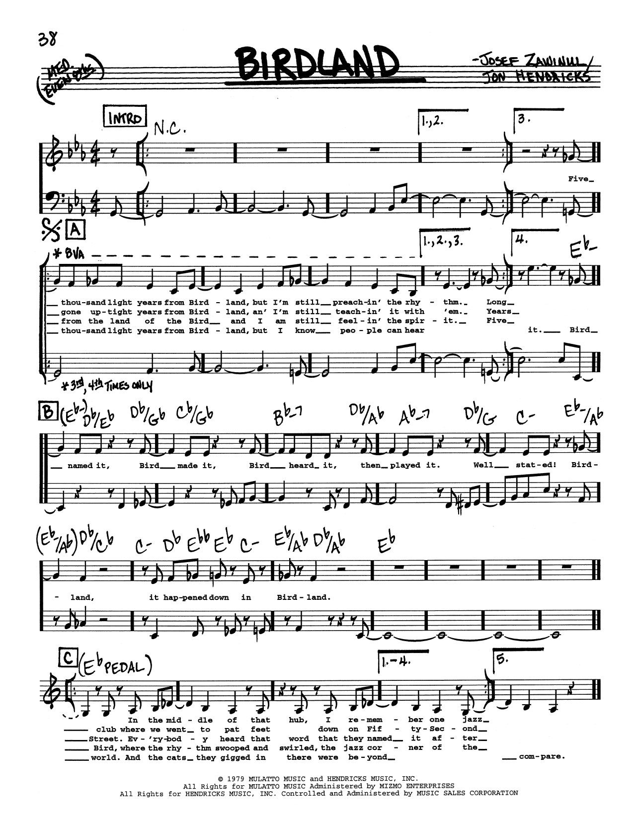 Jon Hendricks Birdland (Low Voice) sheet music notes printable PDF score