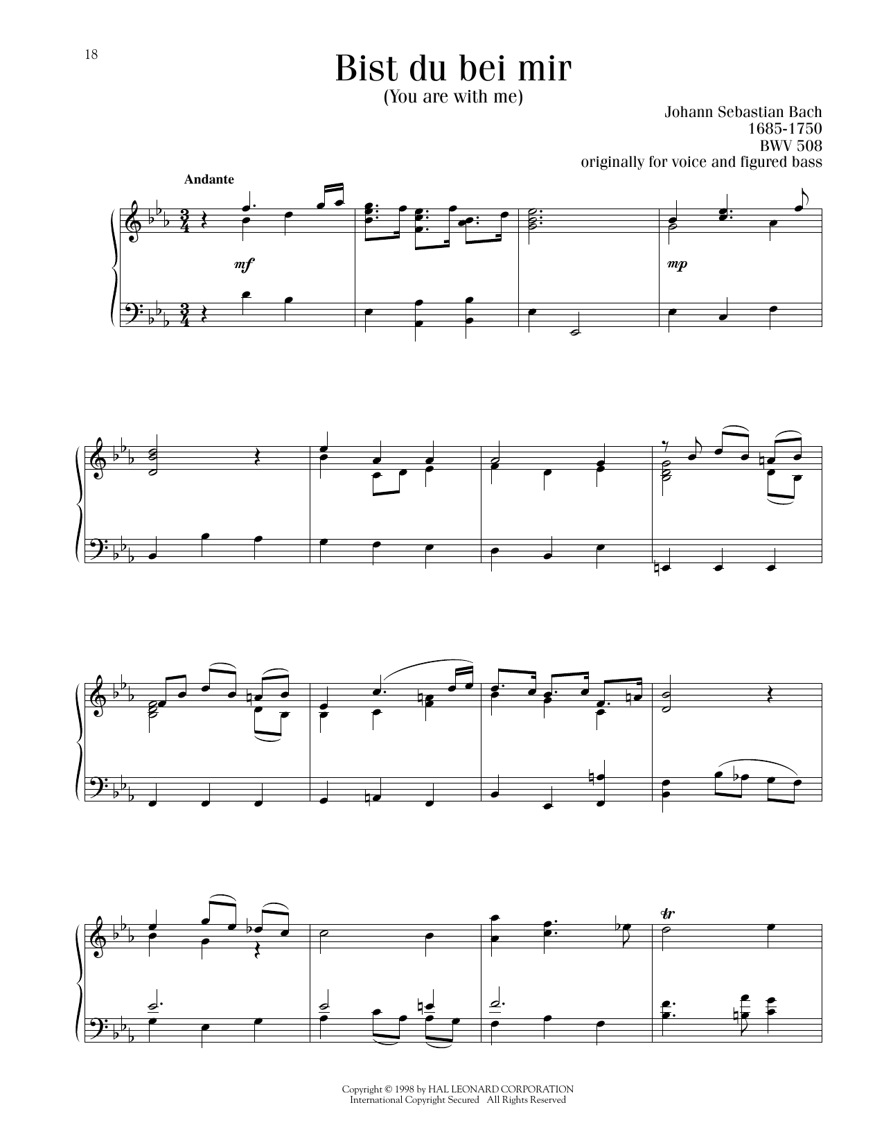 Johann Sebastian Bach Bist du bei mir (You Are With Me) sheet music notes printable PDF score
