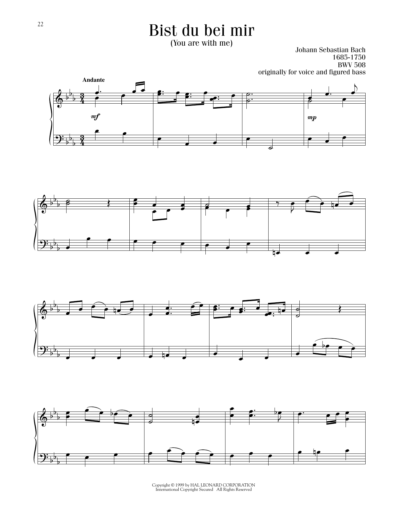 Johann Sebastian Bach Bist du bei mir (You Are With Me) sheet music notes printable PDF score