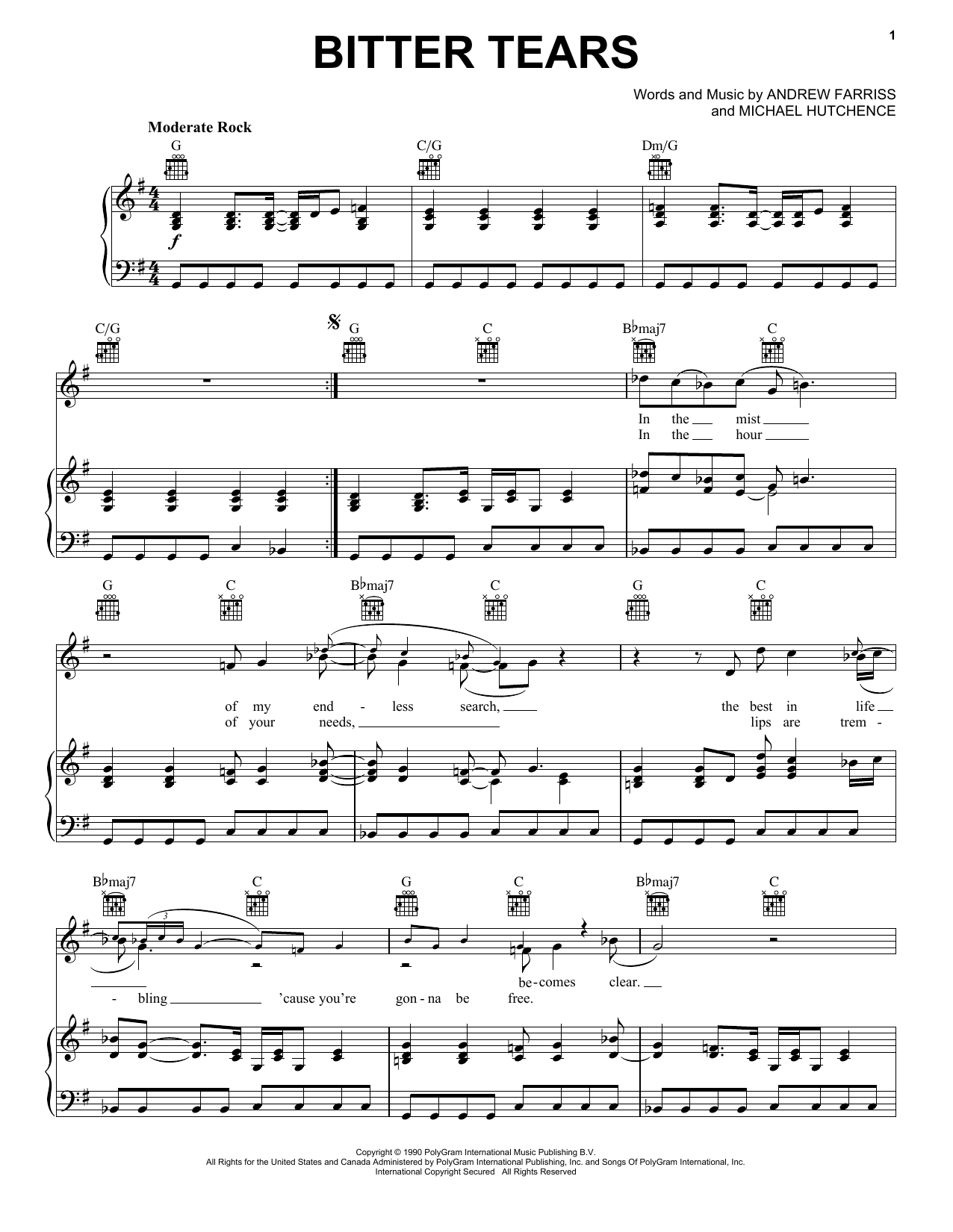INXS Bitter Tears sheet music notes printable PDF score