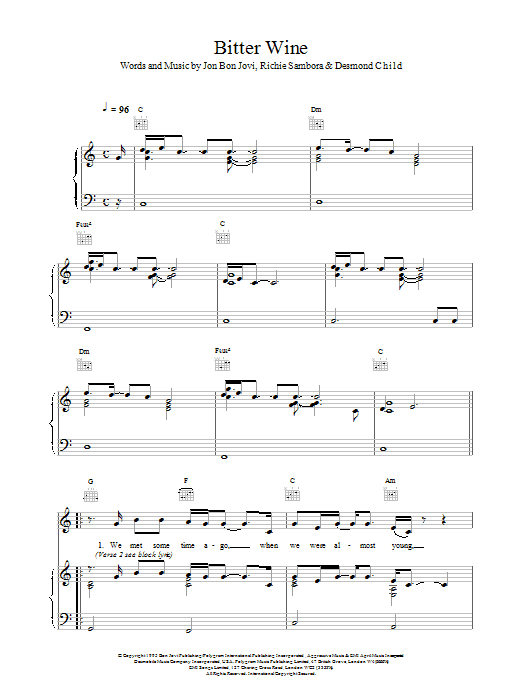 Bon Jovi Bitter Wine sheet music notes printable PDF score