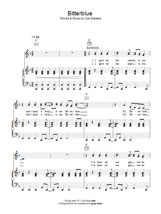 Download Cat Stevens Bitterblue (from the musical 'Moonshado Sheet Music