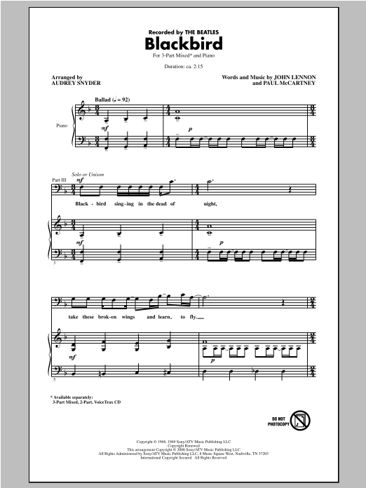 Download The Beatles Blackbird (arr. Audrey Snyder) Sheet Music