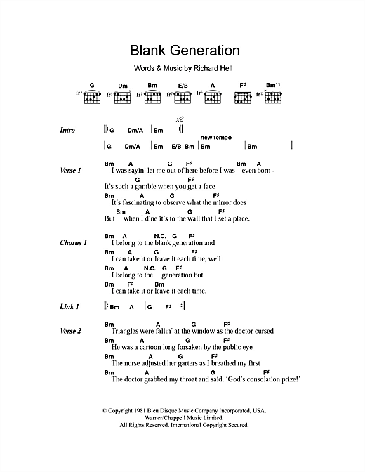 Download Richard Hell & The Voidnoids Blank Generation Sheet Music
