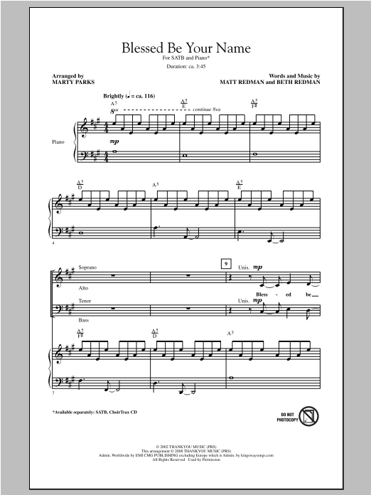 Download Matt Redman Blessed Be Your Name (arr. Marty Parks) Sheet Music
