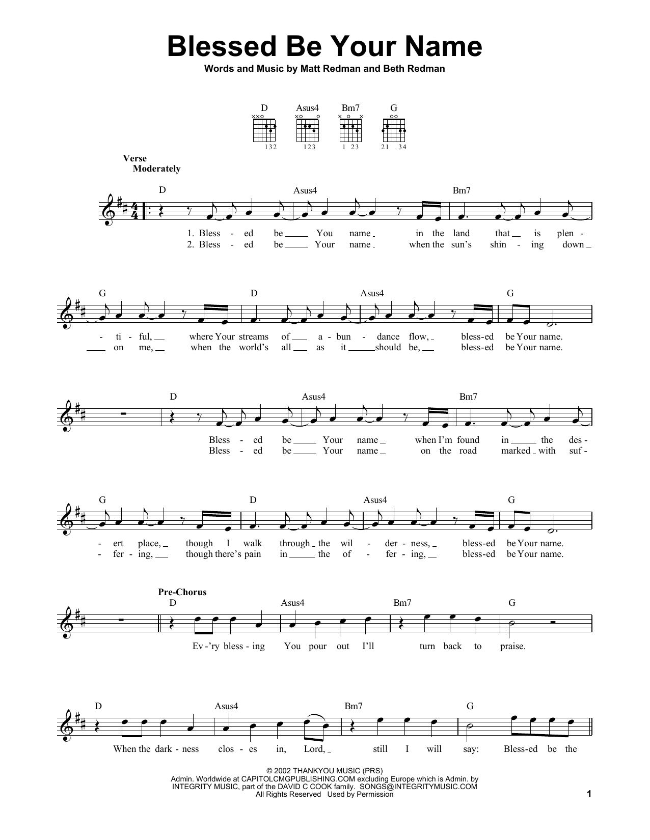 Matt Redman Blessed Be Your Name sheet music notes printable PDF score