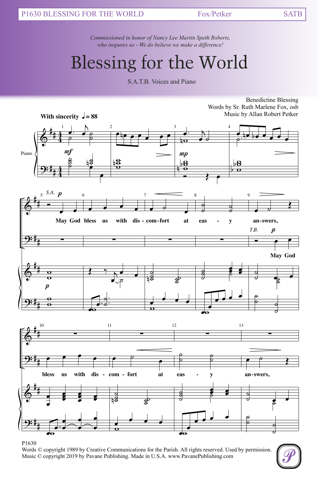 Download Sr. Ruth Marlene Fox and Allan Rober Blessing For The World Sheet Music