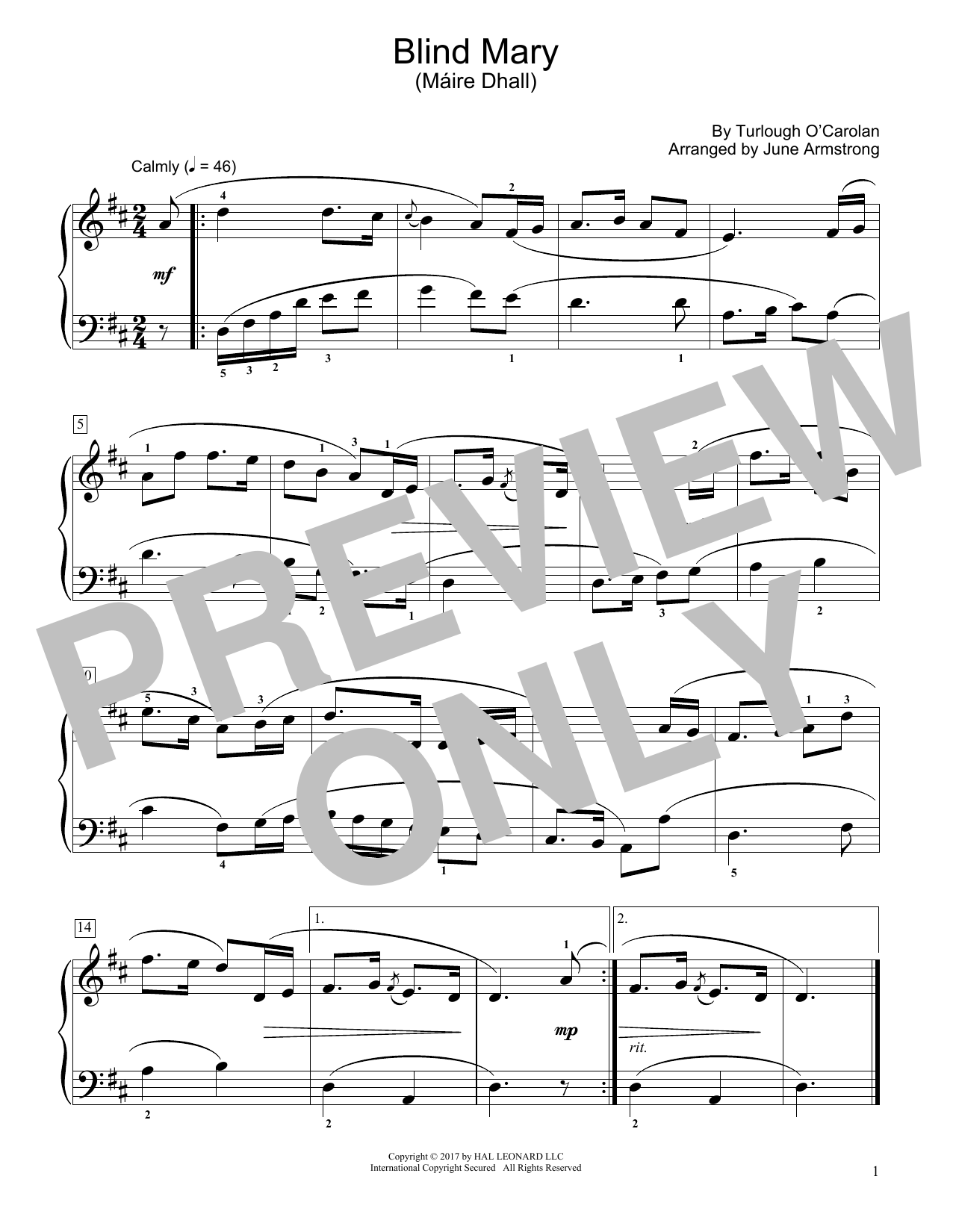 Turlough O'Carolan Blind Mary (Máire Dhall) (arr. June Armstrong) sheet music notes printable PDF score