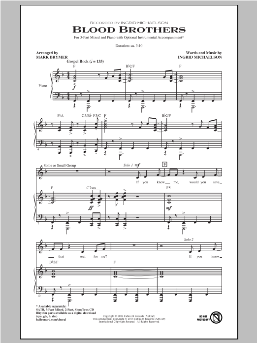 Download Ingrid Michaelson Blood Brothers (arr. Mark Brymer) Sheet Music