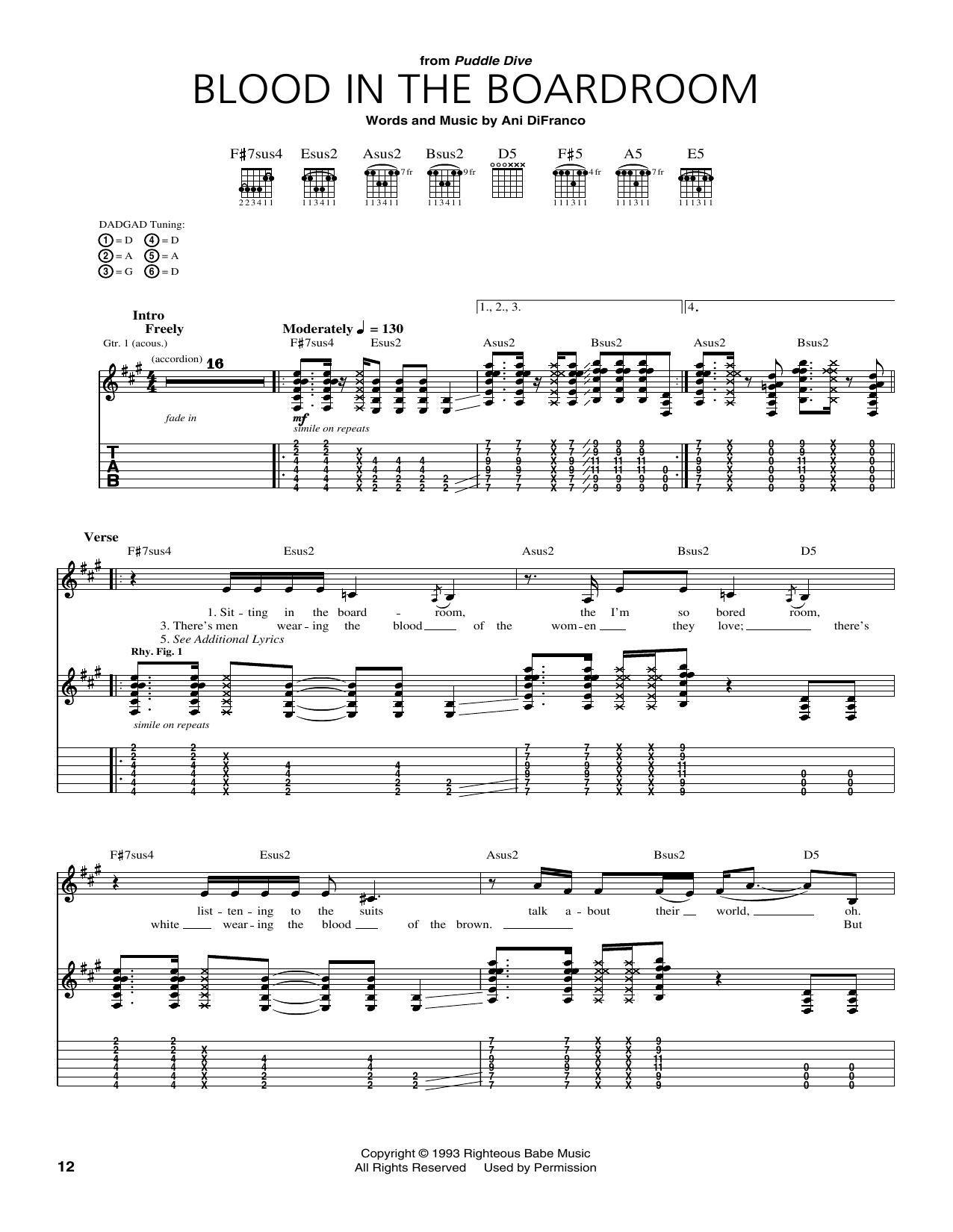 Download Ani DiFranco Blood In The Boardroom Sheet Music