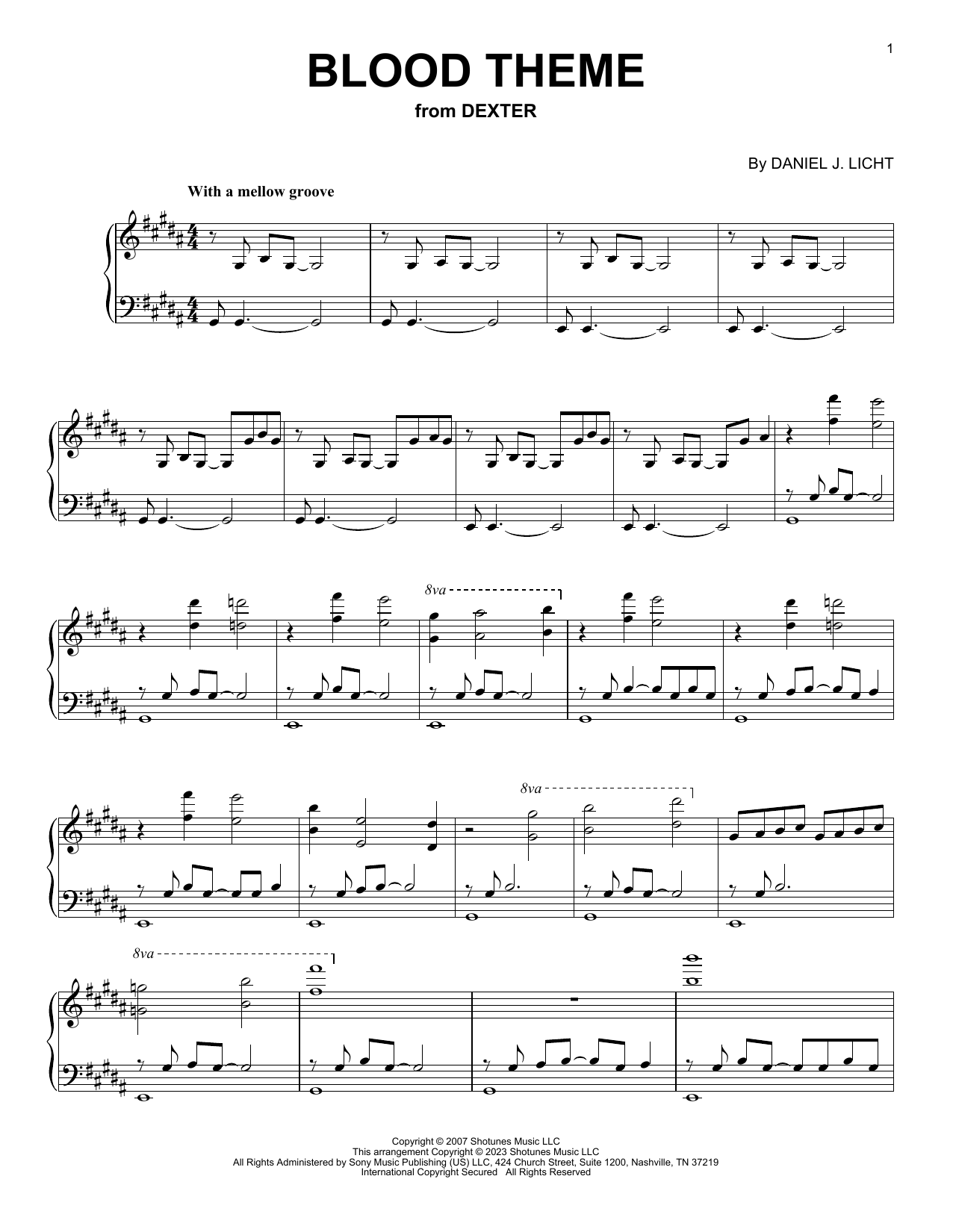 Daniel J. Licht Blood Theme (from Dexter) sheet music notes printable PDF score