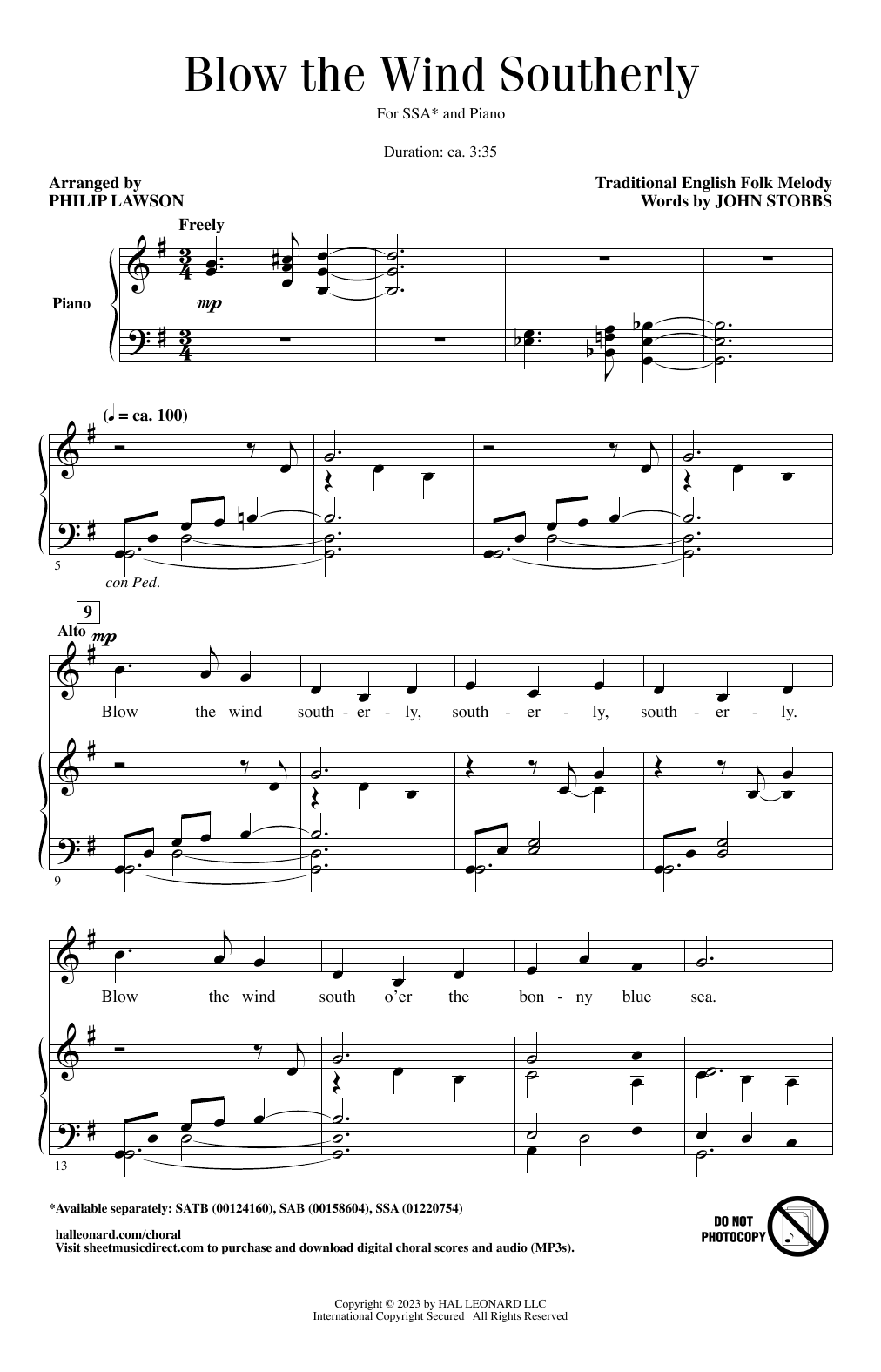 John Stobbs Blow The Wind Southerly (arr. Philip Lawson) sheet music notes printable PDF score