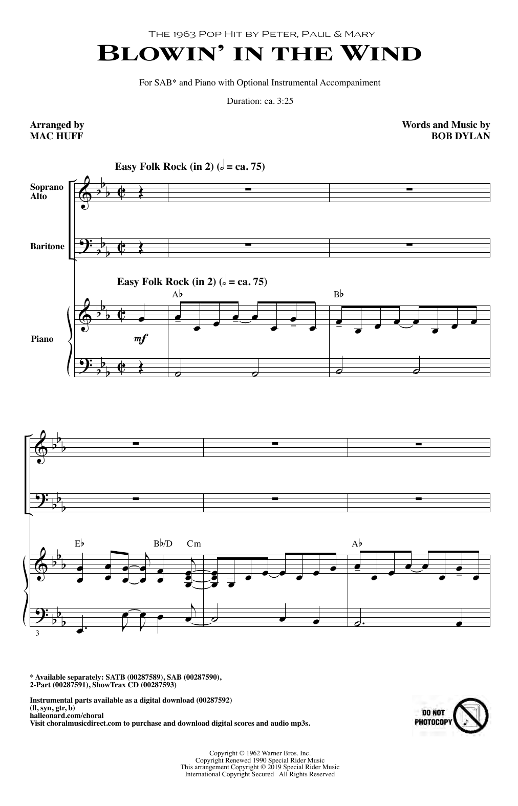 Download Peter, Paul & Mary Blowin' In The Wind (arr. Mac Huff) Sheet Music