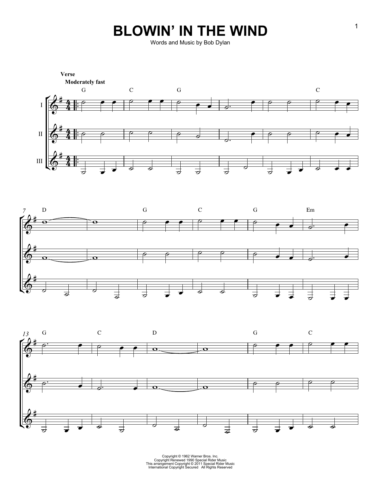 Download Bob Dylan Blowin' In The Wind Sheet Music