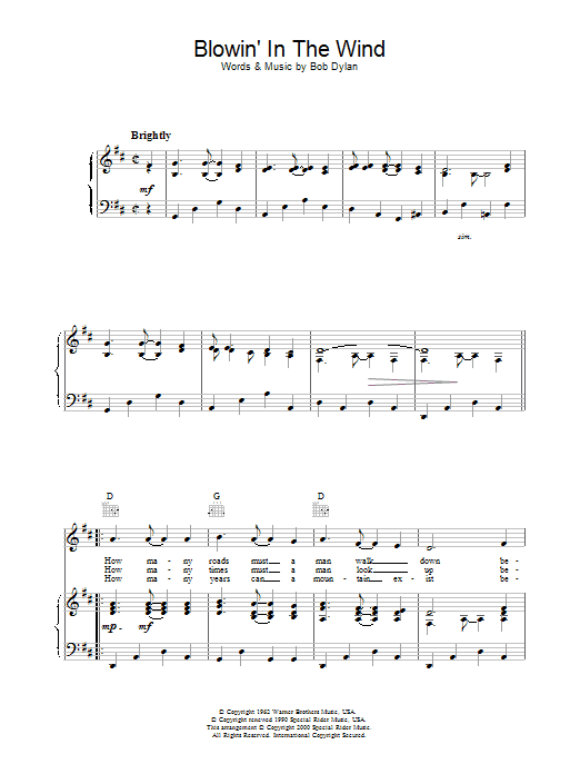 Bob Dylan Blowin' In The Wind sheet music notes printable PDF score