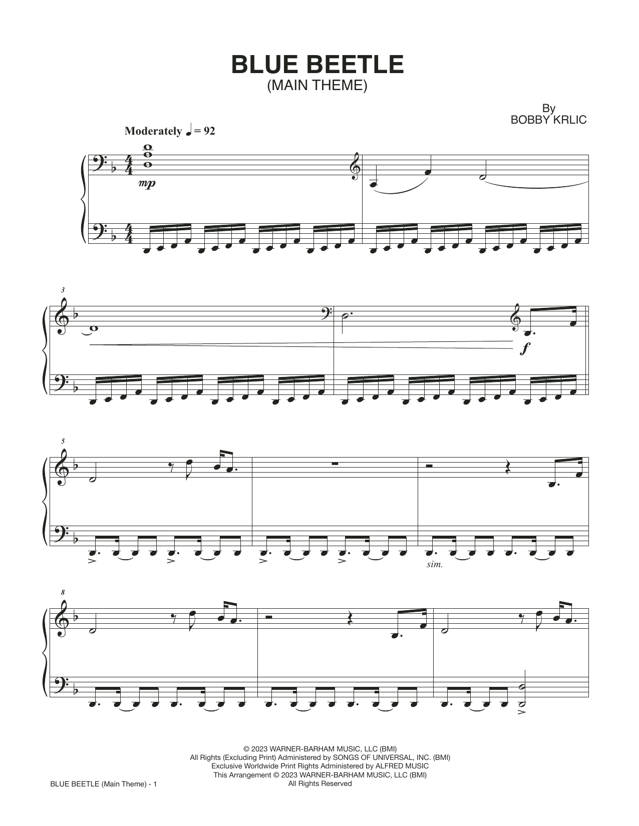 Bobby Krlic Blue Beetle (Main Theme) sheet music notes printable PDF score
