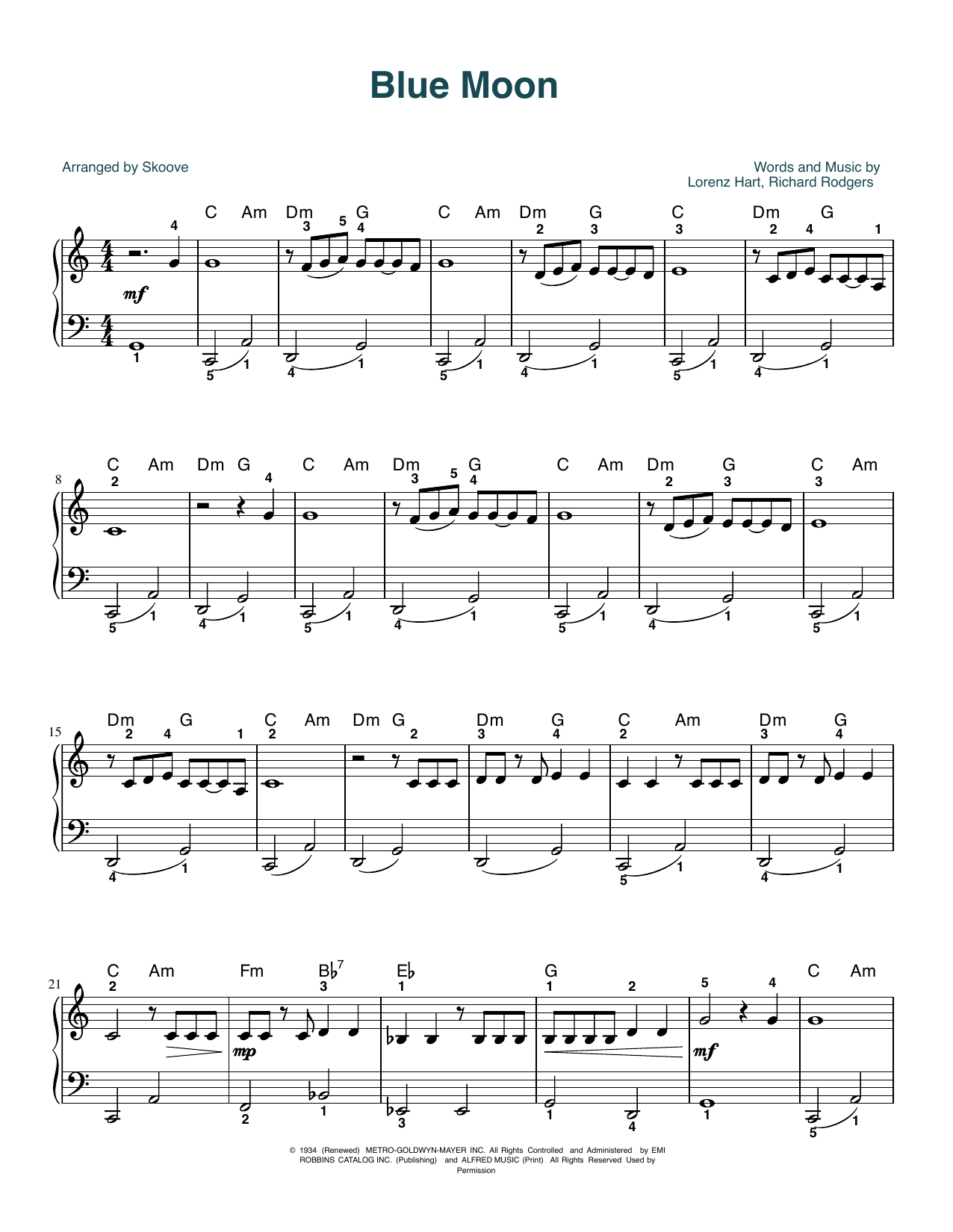 Download Billie Holiday Blue Moon (arr. Skoove) Sheet Music