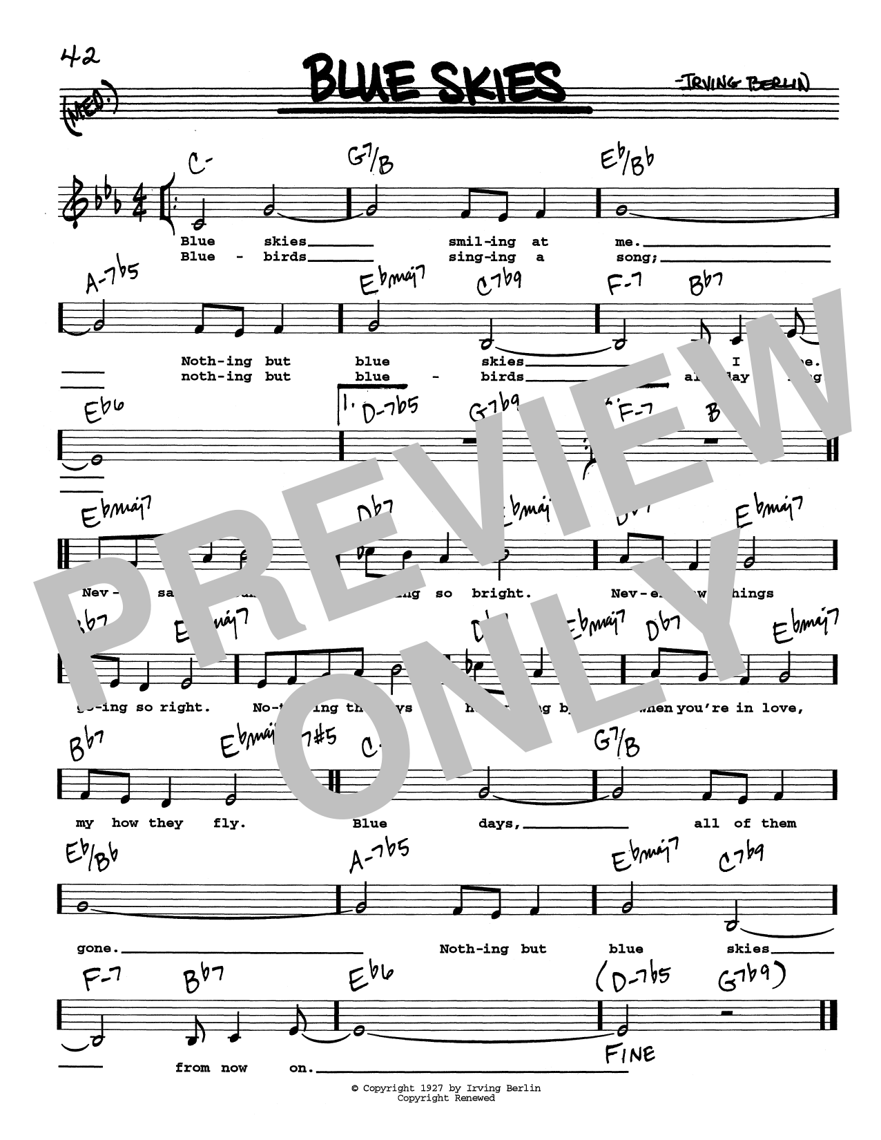 Irving Berlin Blue Skies (Low Voice) sheet music notes printable PDF score