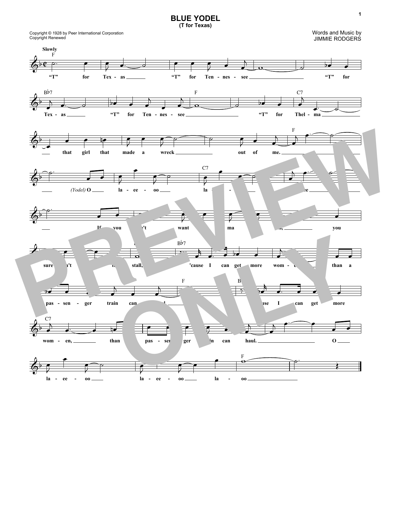 Download Jimmie Rodgers Blue Yodel No. 1 (T For Texas) Sheet Music