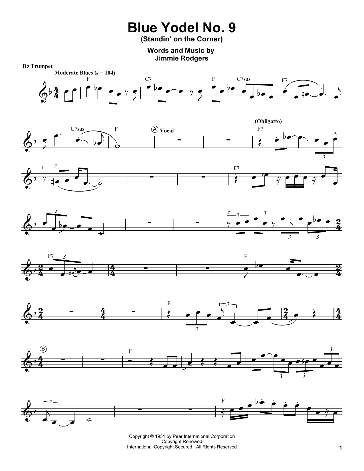 Download Louis Armstrong Blue Yodel No. 9 (Standin' On The Corne Sheet Music