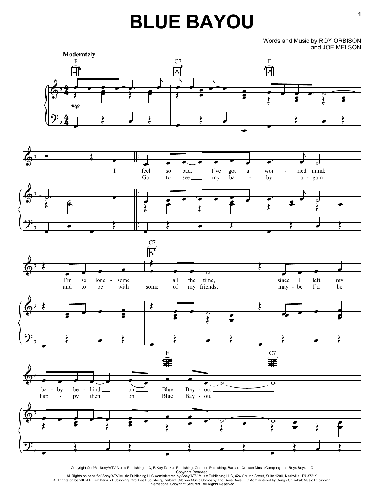 Linda Ronstadt Blue Bayou sheet music notes printable PDF score