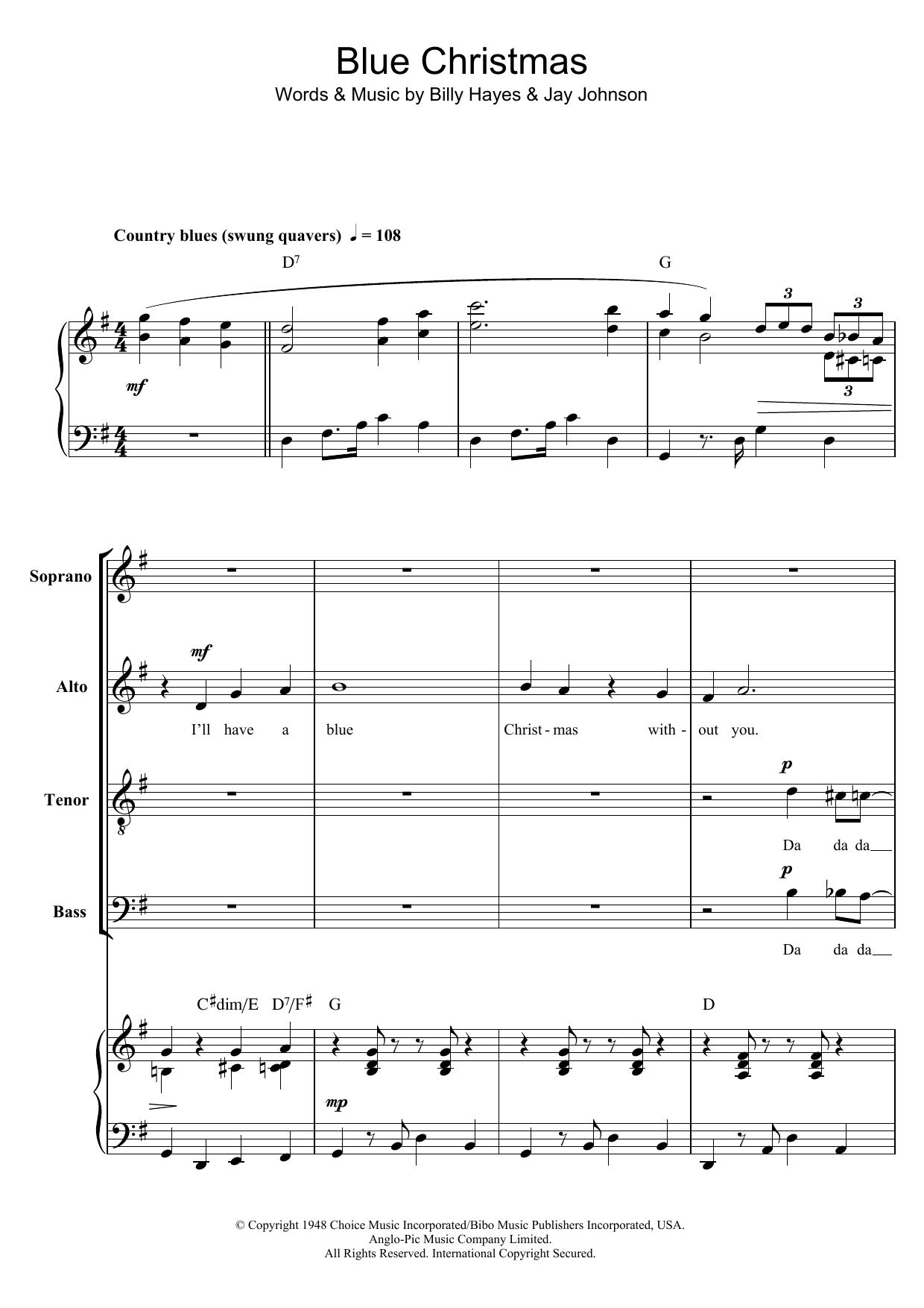 Elvis Presley Blue Christmas (arr. Berty Rice) sheet music notes printable PDF score