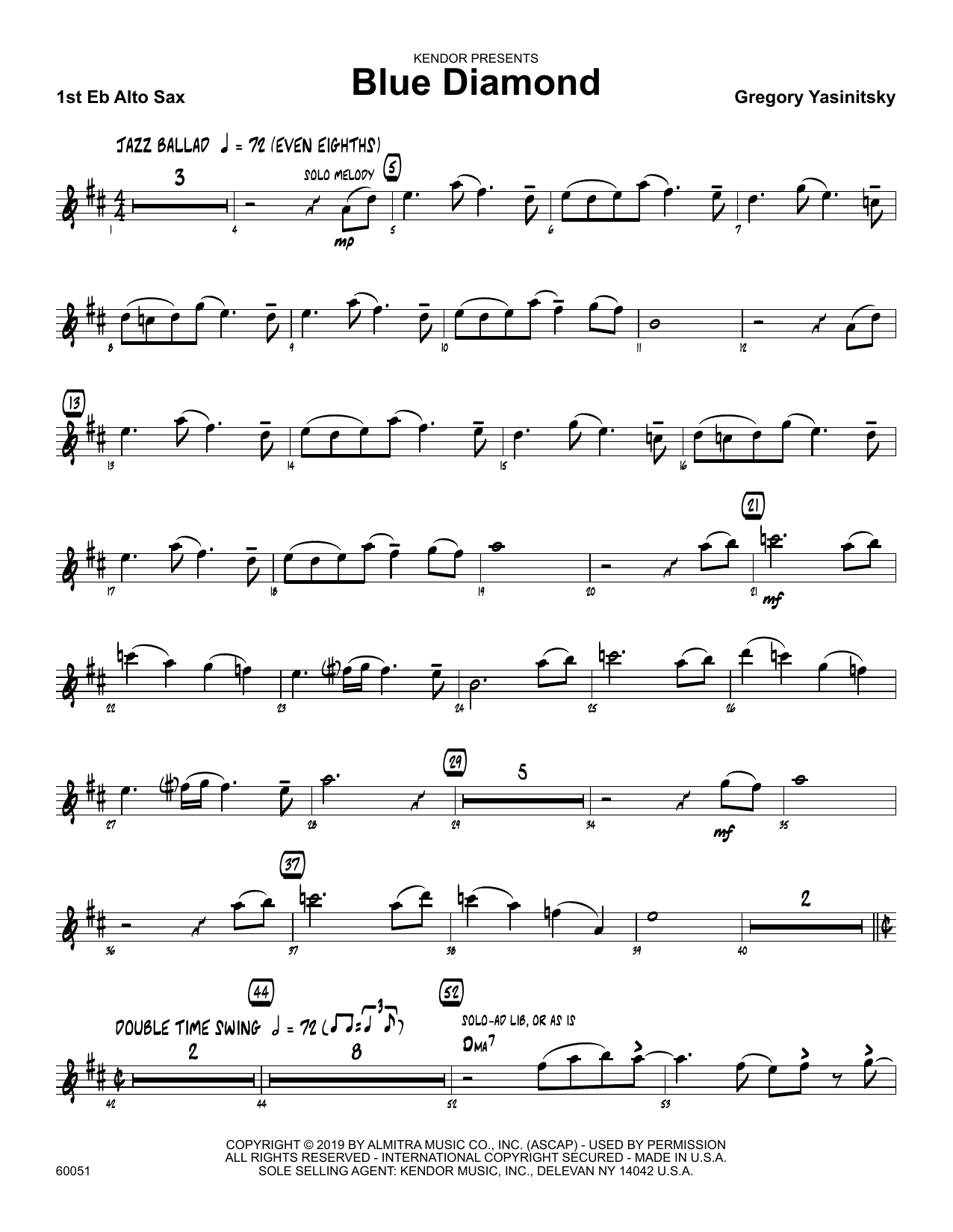 Download Gregory Yasinitsky Blue Diamond - 1st Eb Alto Saxophone Sheet Music
