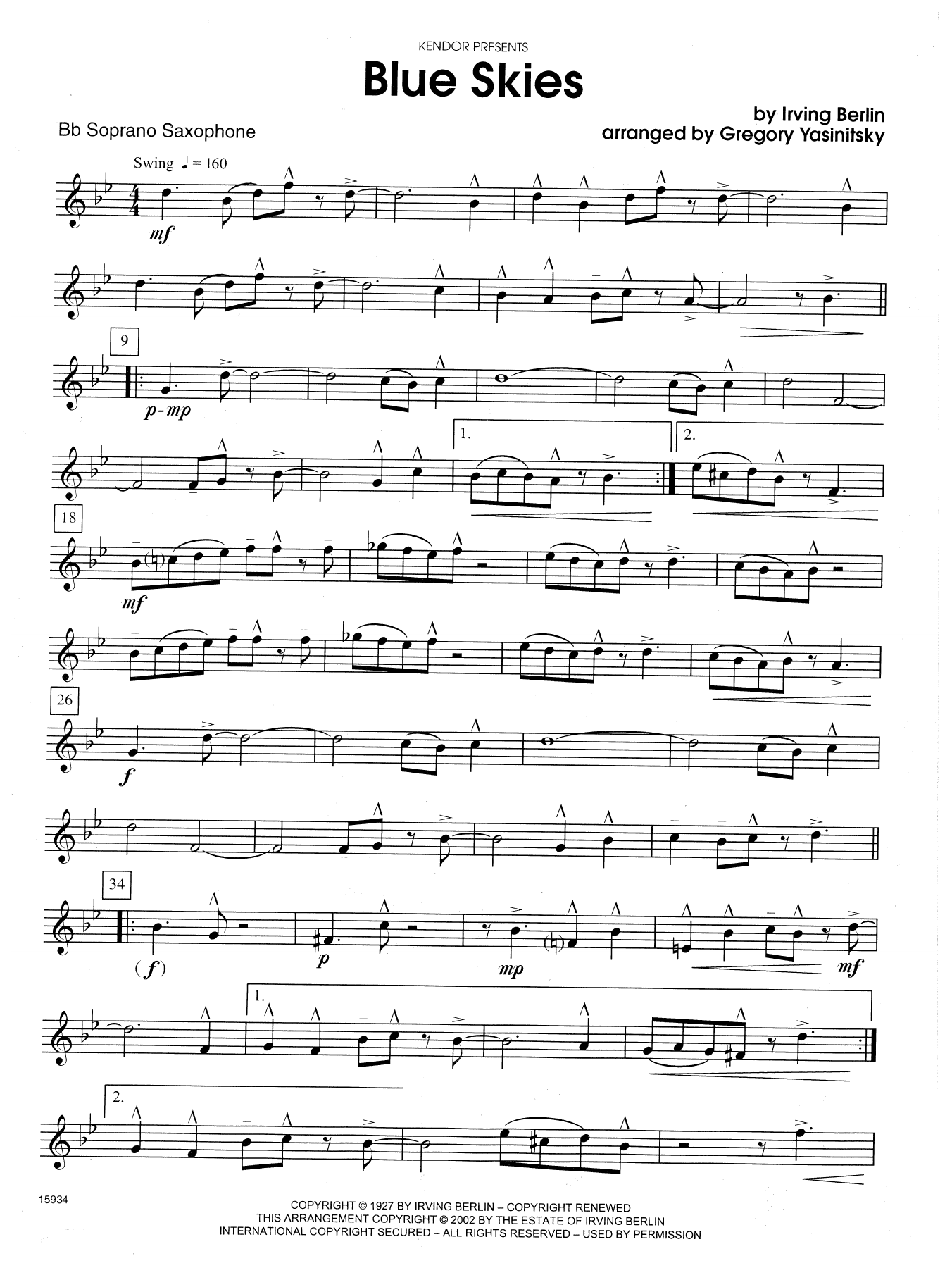Download Gregory Yasinitsky Blue Skies - Bb Soprano Sax Sheet Music