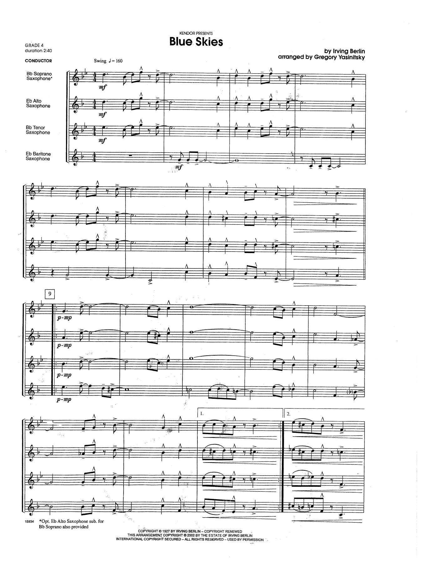 Download Gregory Yasinitsky Blue Skies - Full Score Sheet Music