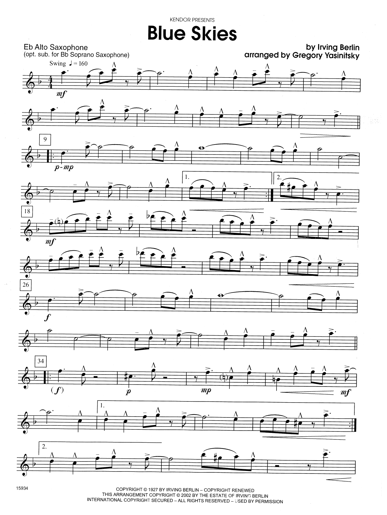Download Gregory Yasinitsky Blue Skies - Opt. Alto Sax Sheet Music