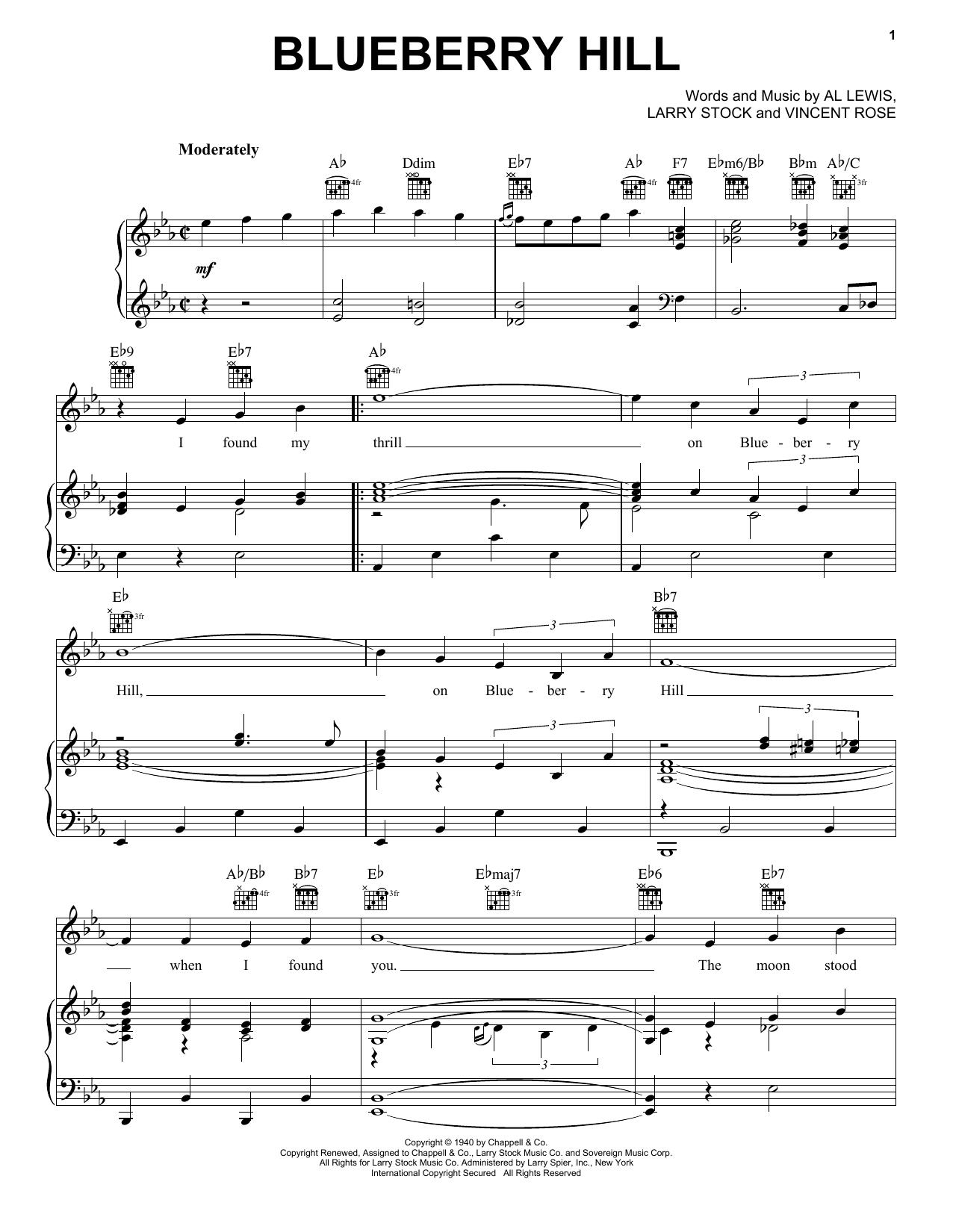 Fats Domino Blueberry Hill sheet music notes printable PDF score