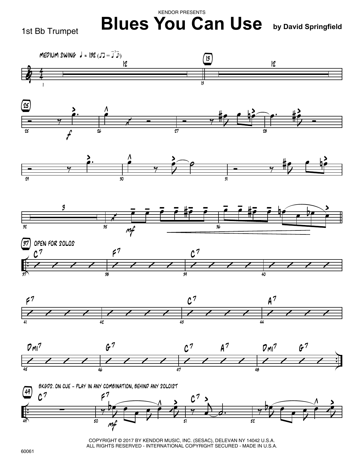 Download David Springfield Blues You Can Use - 1st Bb Trumpet Sheet Music