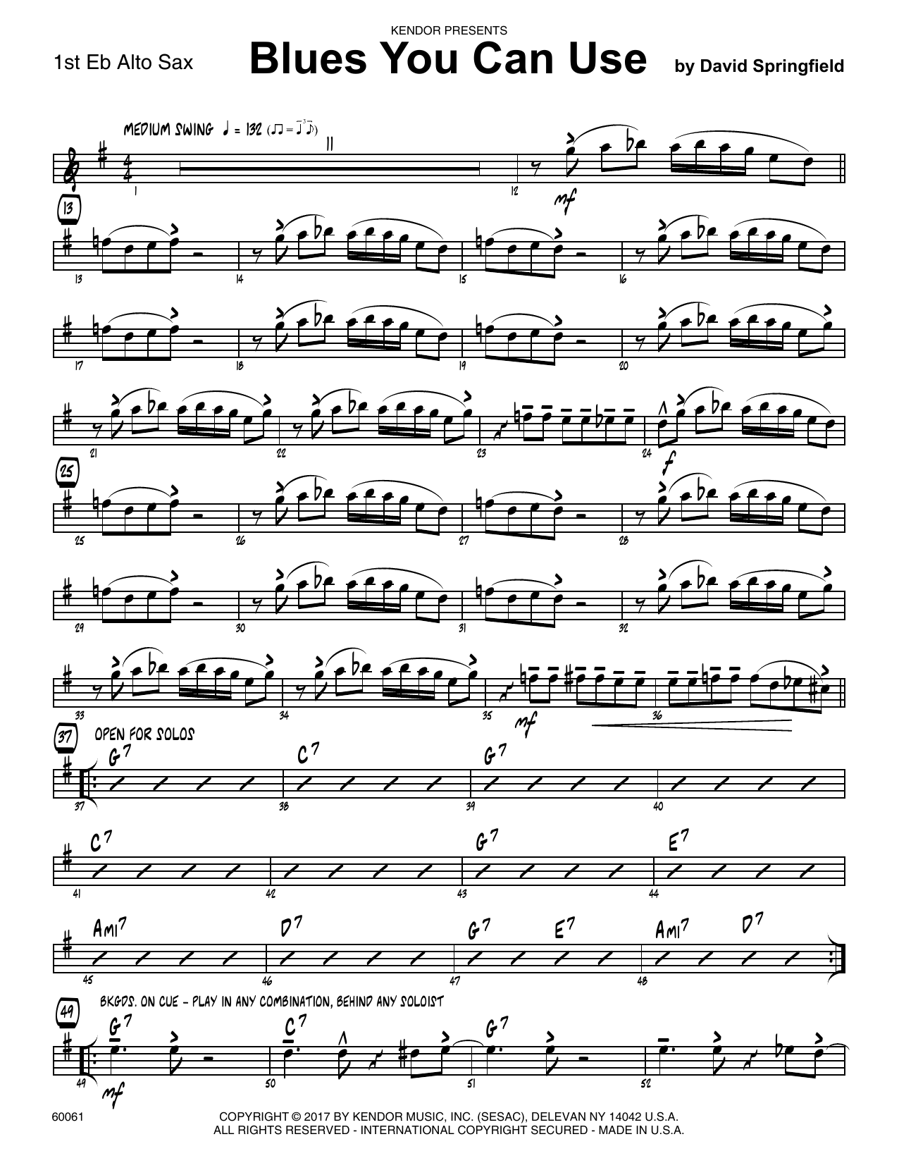 Download David Springfield Blues You Can Use - 1st Eb Alto Saxopho Sheet Music