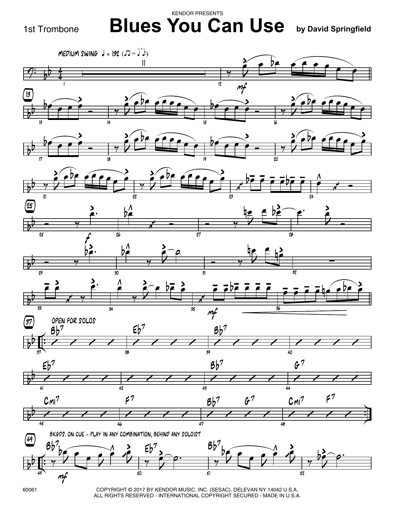 Download David Springfield Blues You Can Use - 1st Trombone Sheet Music