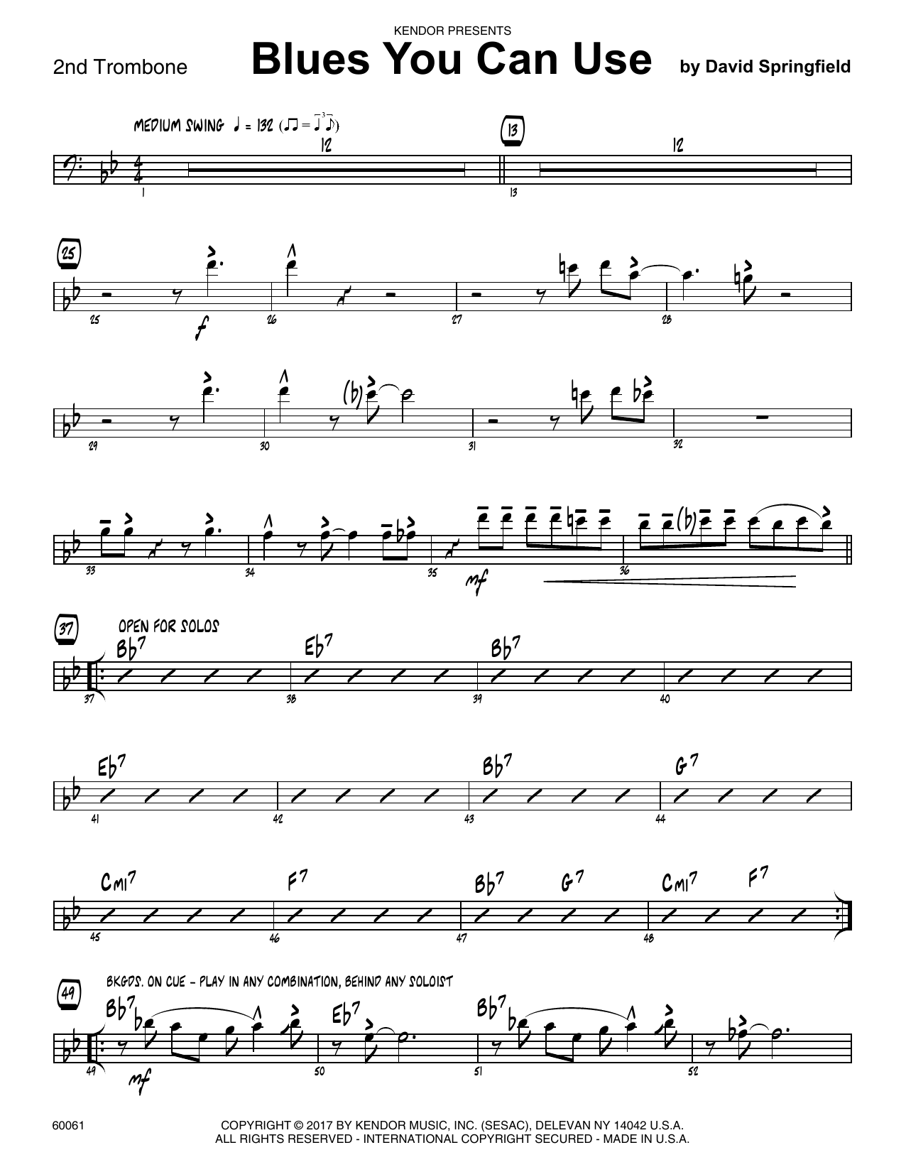 Download David Springfield Blues You Can Use - 2nd Trombone Sheet Music